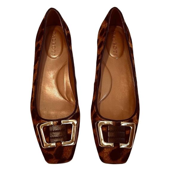 Talbots Women’s Sz 6.5 Brown Leopard Square Toe Flats Shoes Calf Hair Buckle - Picture 3 of 11